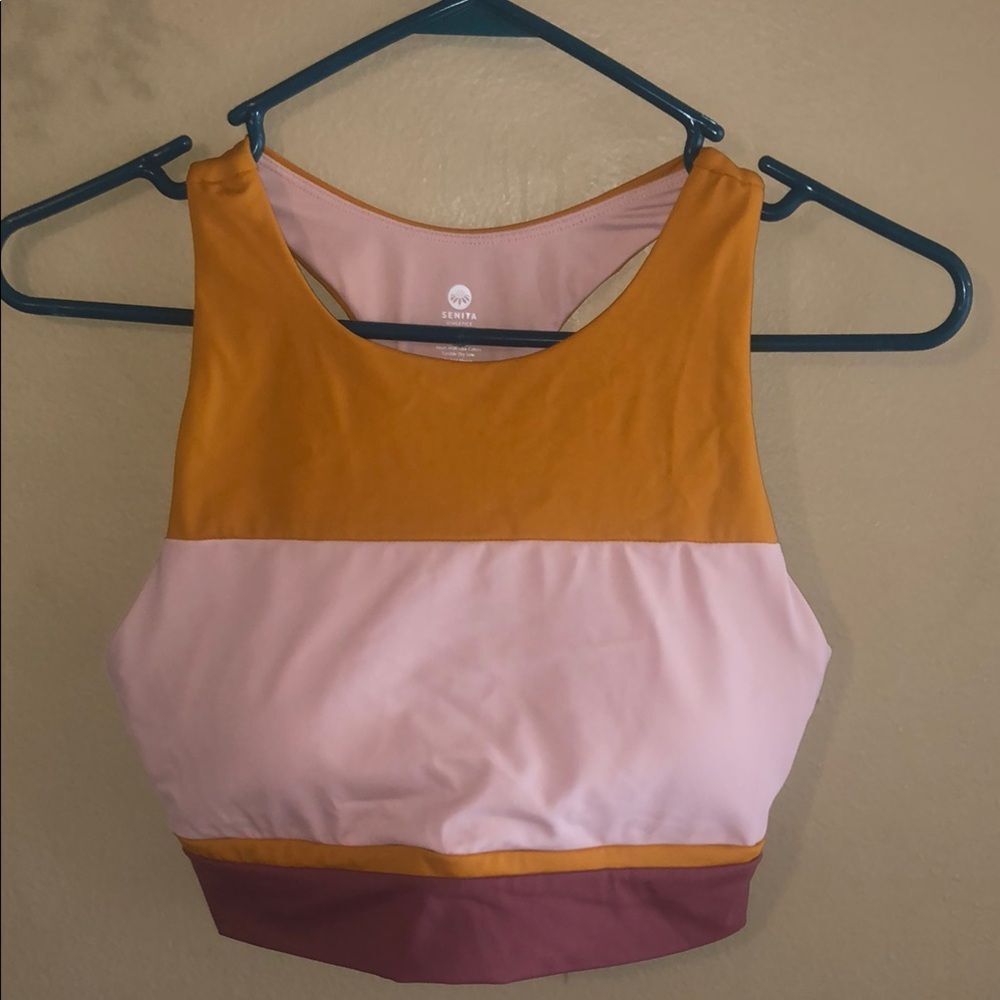 Senita Athletics Colorblock Sports Bra - Orange, Pink, and Maroon